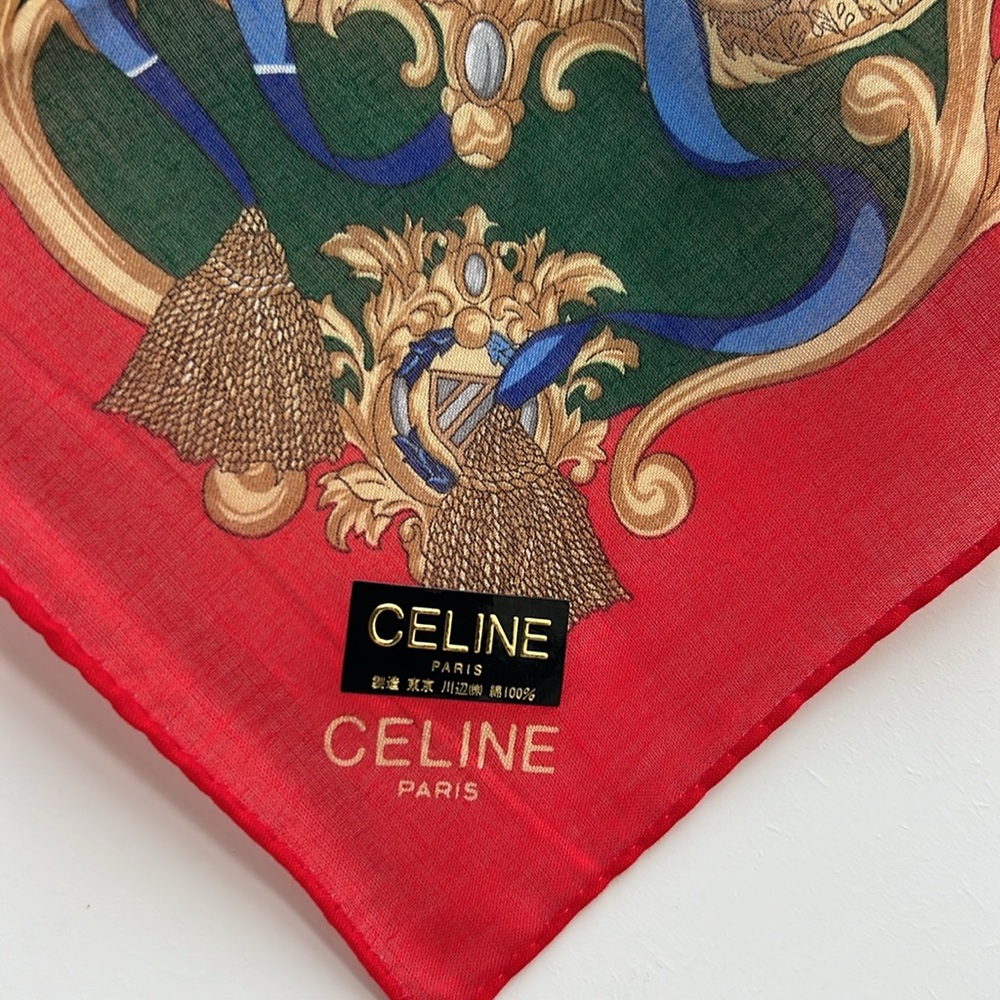 CELINE Paris  trumpet pattern Cotton Handkerchief Scarf Red and white - Picture 4 of 13